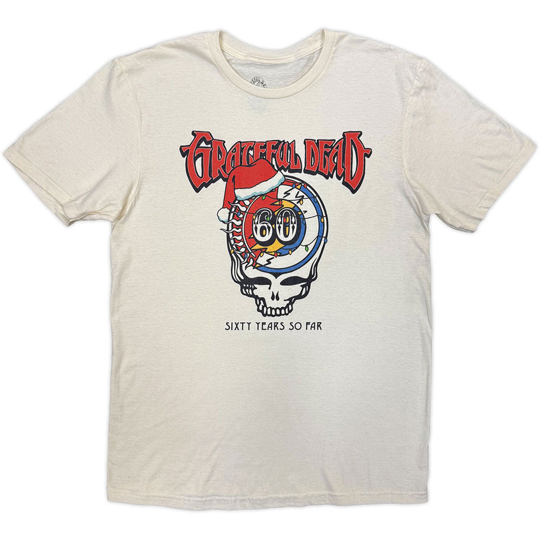 Beige t-shirt with Grateful Dead logo and text on a white background