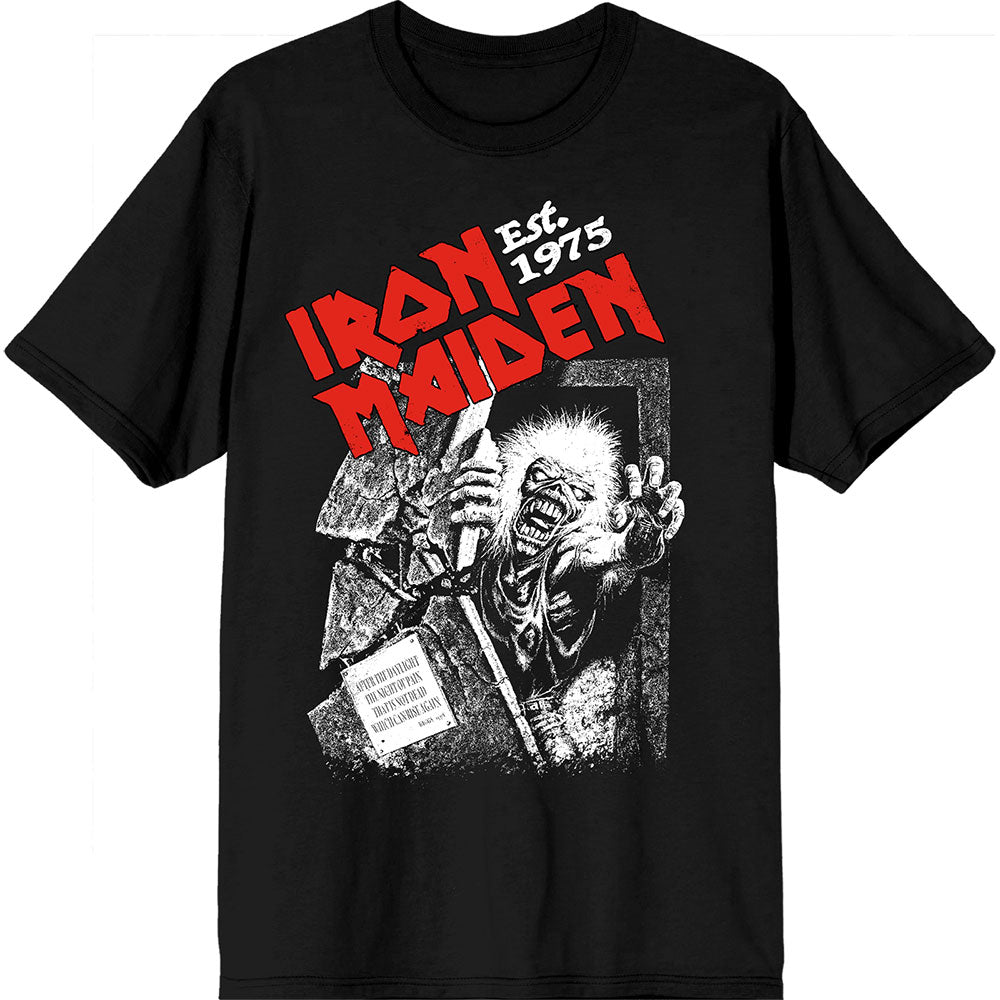 IRON MAIDEN Attractive T-Shirt, Est. 1975 No Prayer Grave Red Logo
