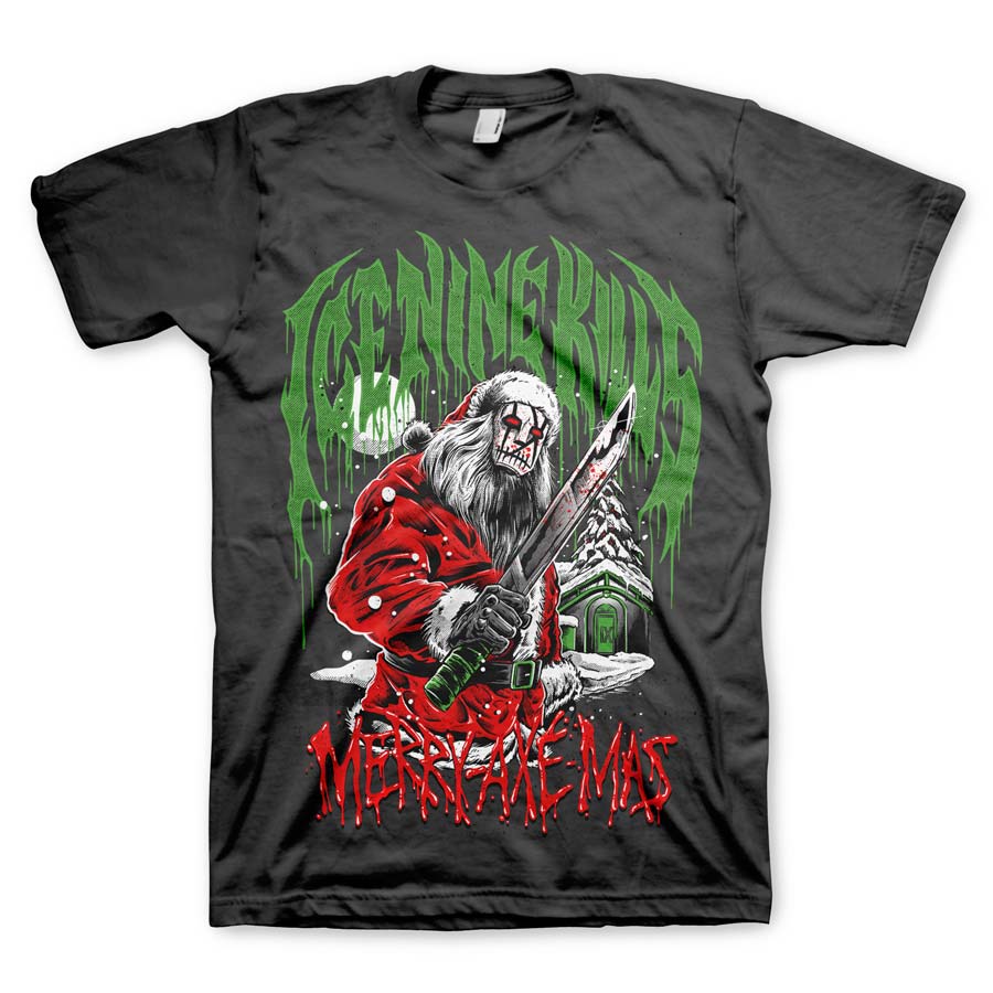 A black t-shirt featuring a graphic print of a character resembling Santa Claus with a weapon, surrounded by text including the band name &