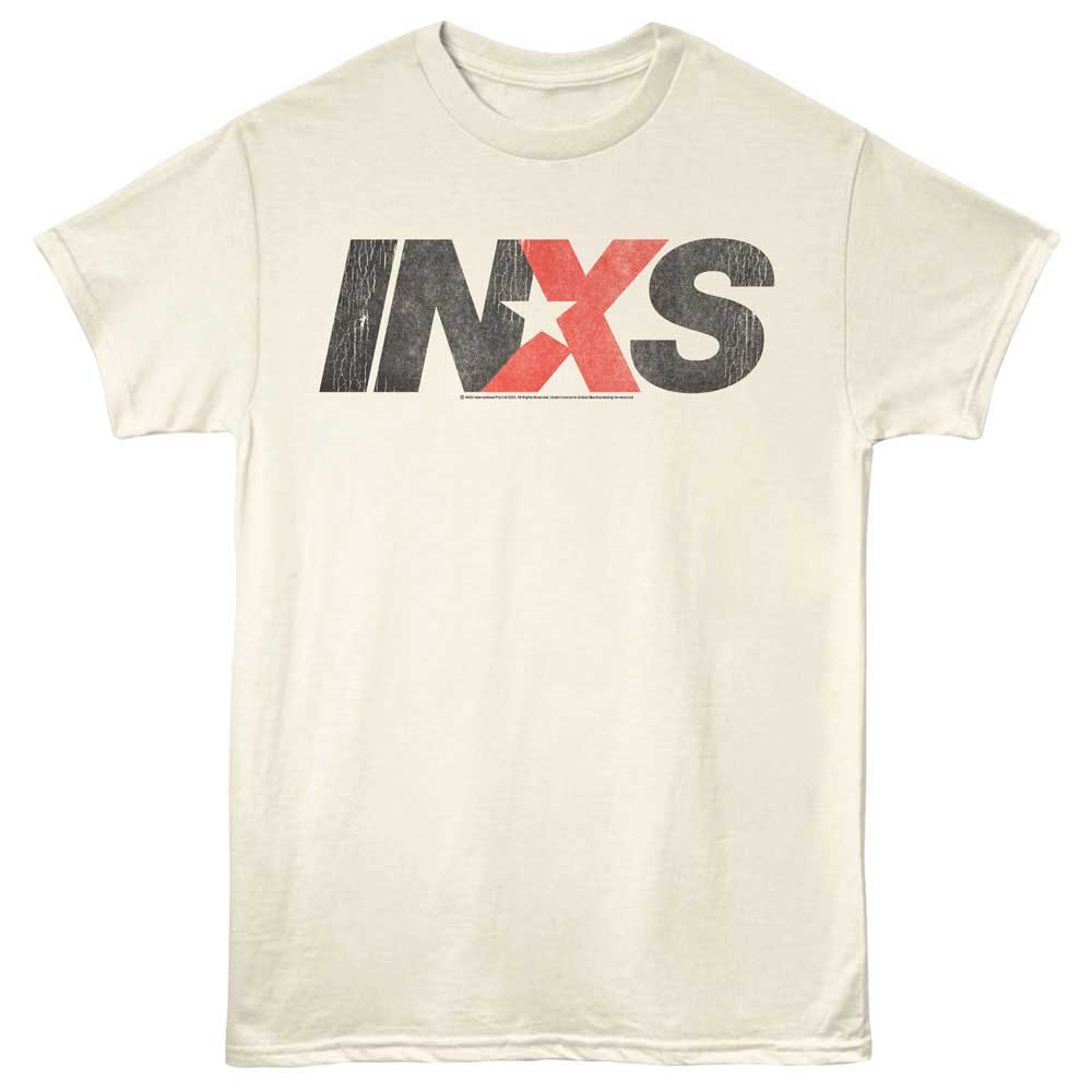 Beige t-shirt with INXS logo on a white background
