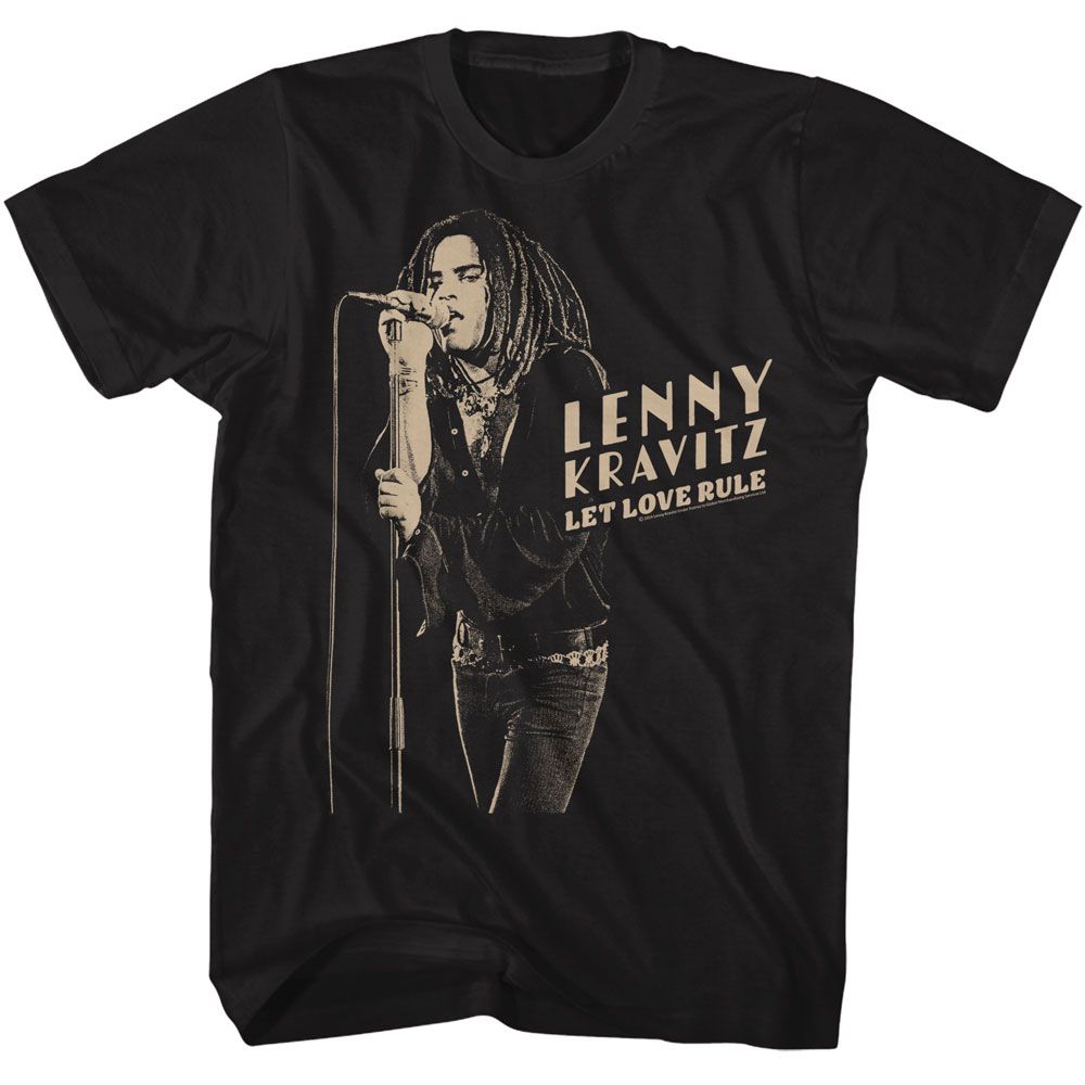 Black t-shirt with a graphic of Lenny Kravitz and text &