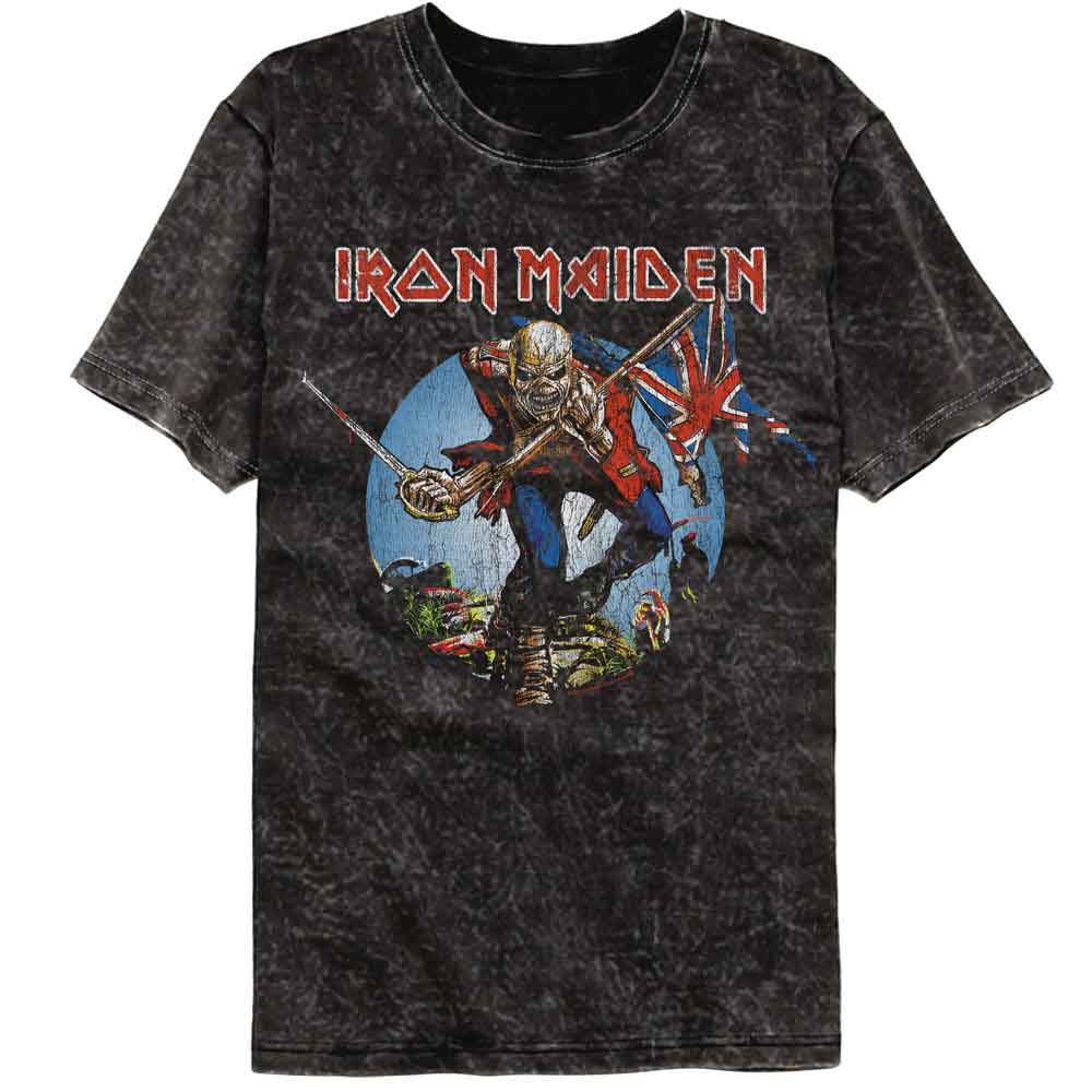 Black t-shirt with Iron Maiden graphic design featuring a skeleton holding a flag on a white background