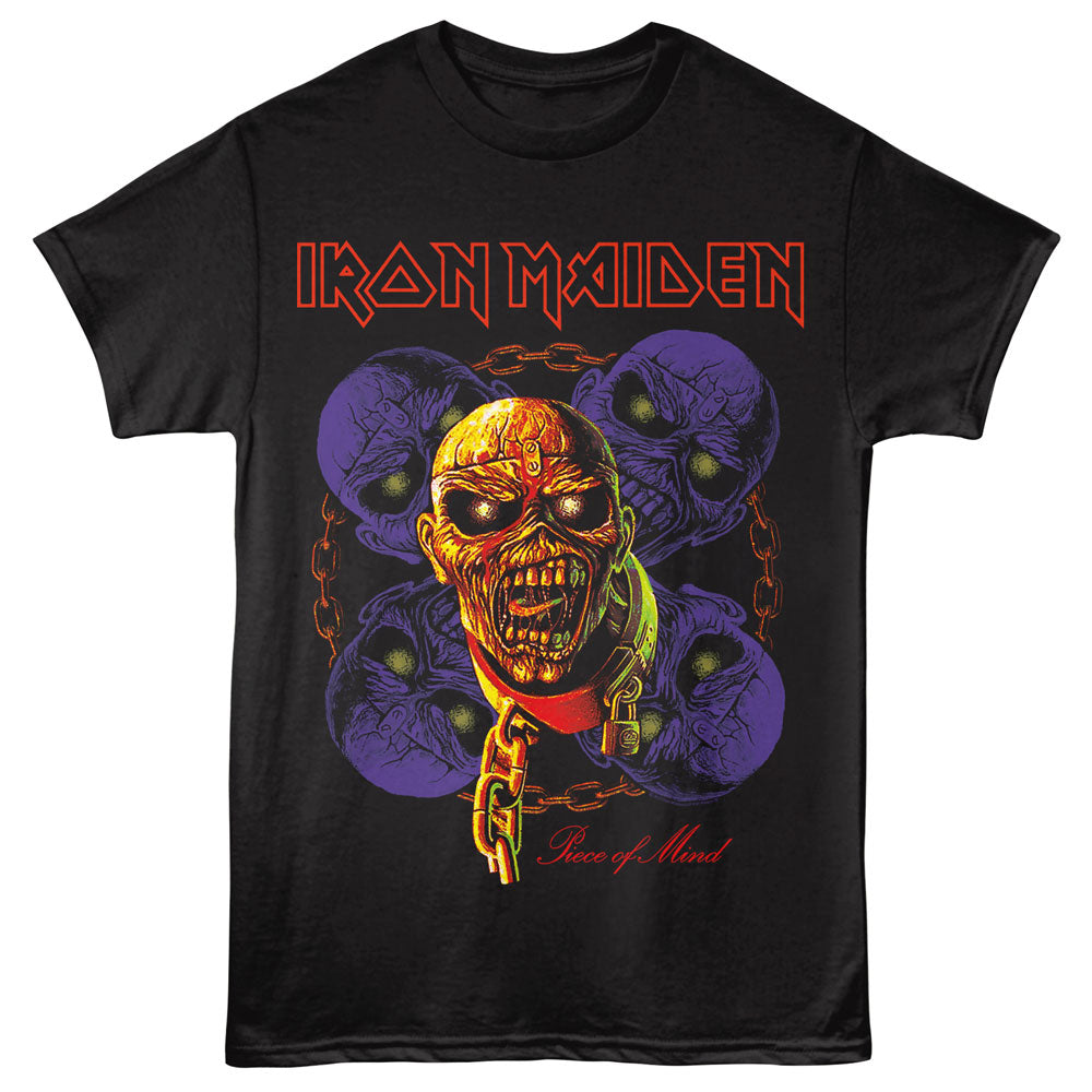 Black t-shirt with Iron Maiden logo and colorful graphic design on a white background
