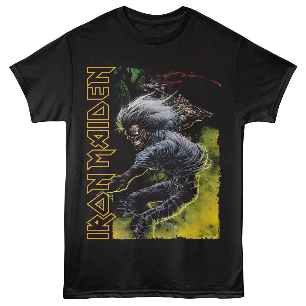 Black t-shirt with Iron Maiden graphic design featuring a warrior and the band name.