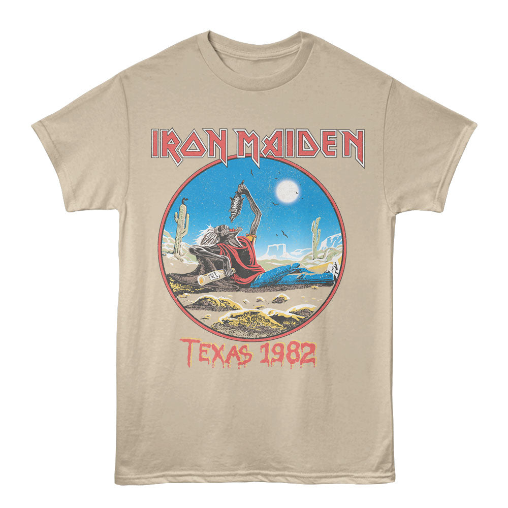 Beige t-shirt with Iron Maiden graphic design featuring a person on a motorcycle and &