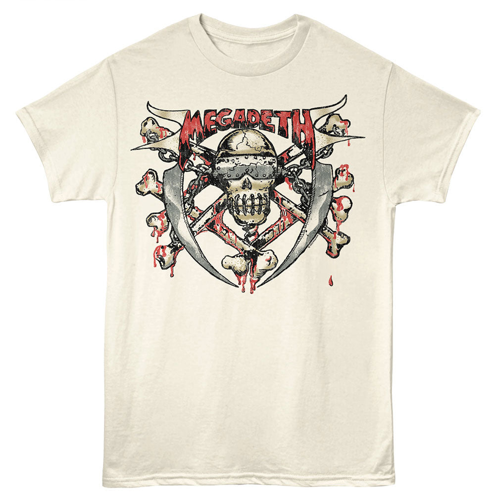 Beige t-shirt with Megadeth graphic design on a white background