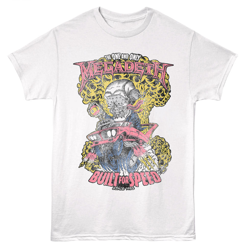 White t-shirt with Megadeth graphic design featuring a skeleton on a motorcycle.