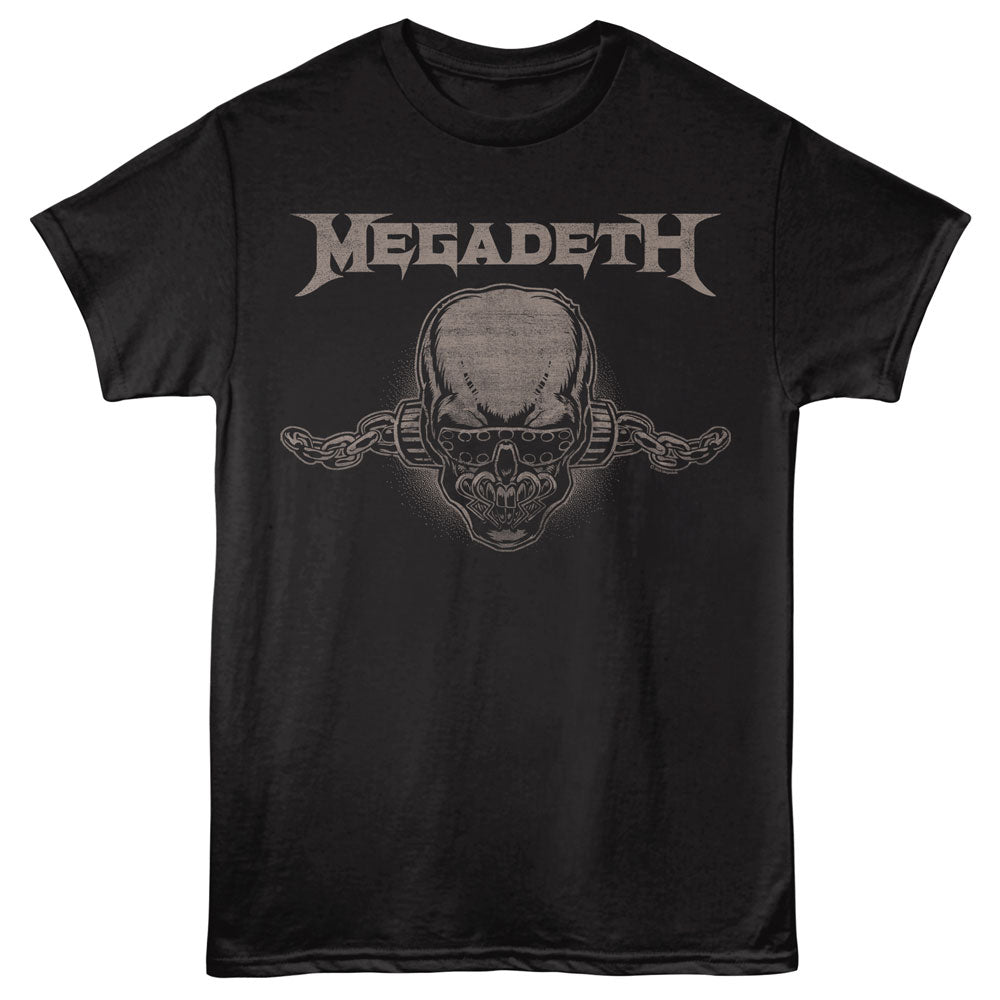 Black t-shirt with Megadeth logo featuring a skull and crossbones on a white background