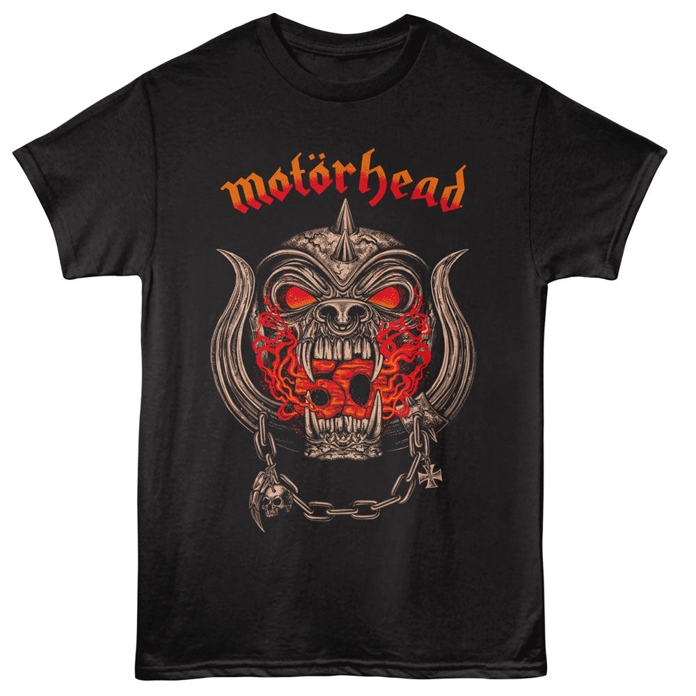 Black t-shirt with Motorhead logo featuring a skull and crossbones design on a white background