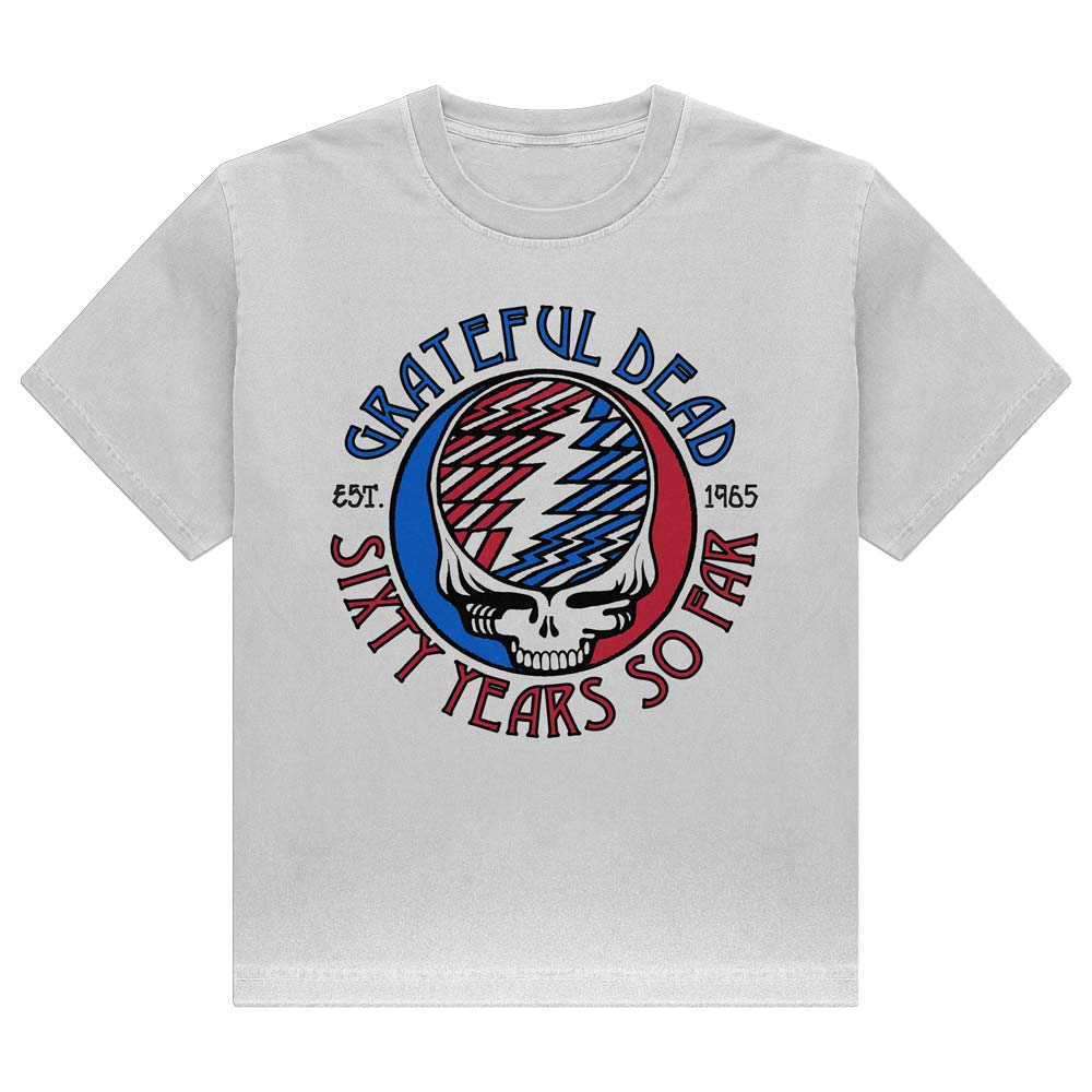 A white t-shirt featuring a graphic print of the Grateful Dead band logo with the text &