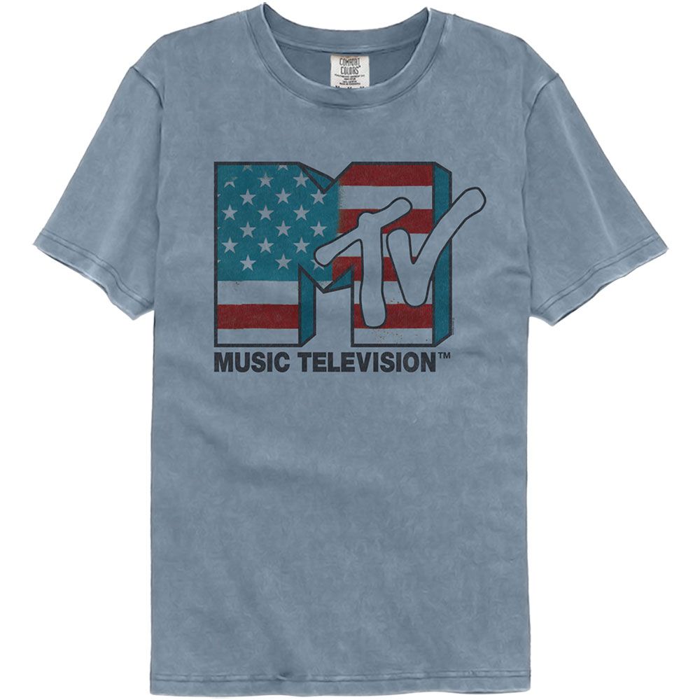 Blue t-shirt with MTV logo featuring American flag design on a white background