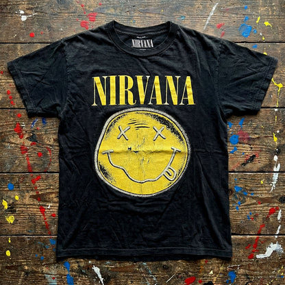 NIRVANA Carbon T-Shirt, Happy Face Infill Distressed