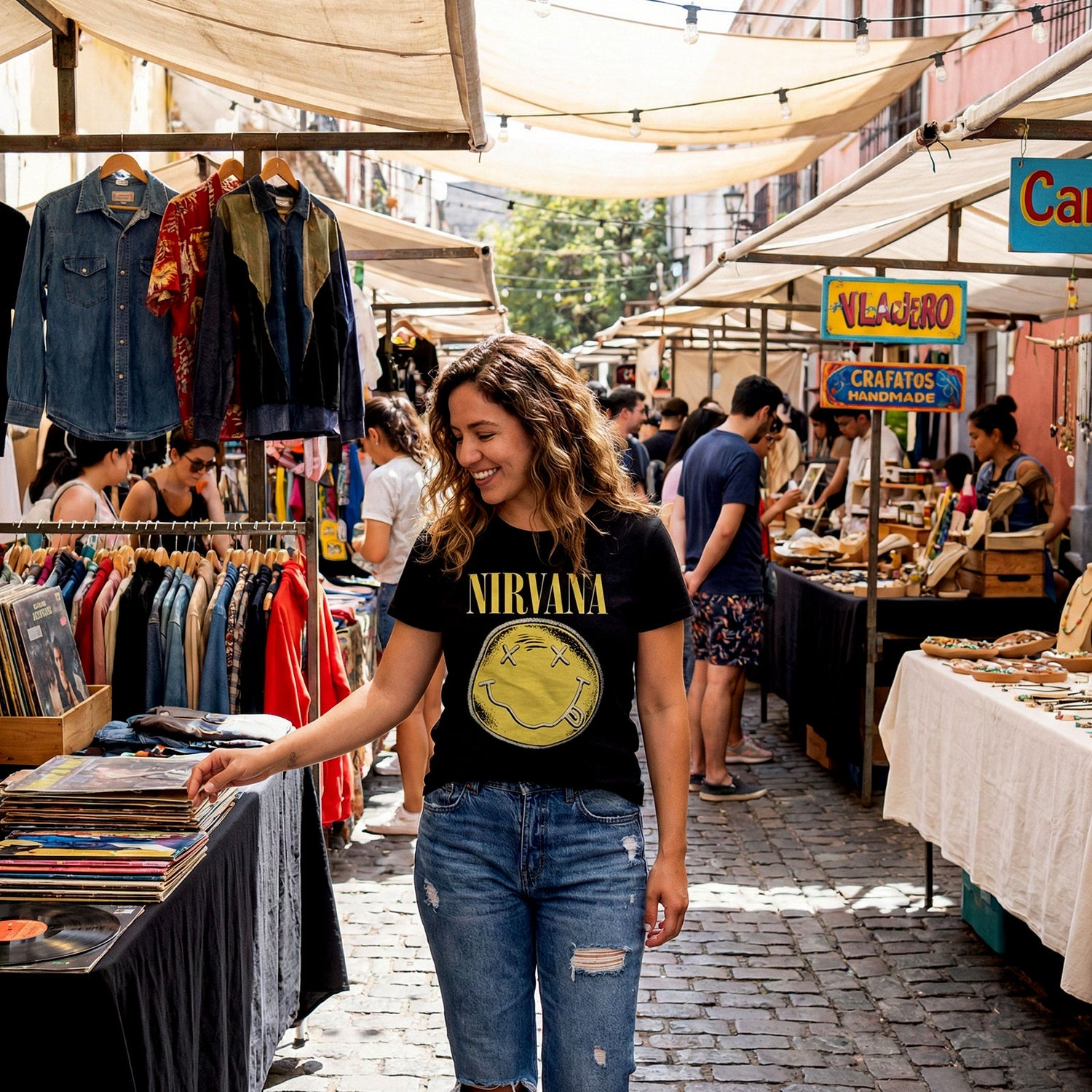 NIRVANA Carbon T-Shirt, Happy Face Infill Distressed