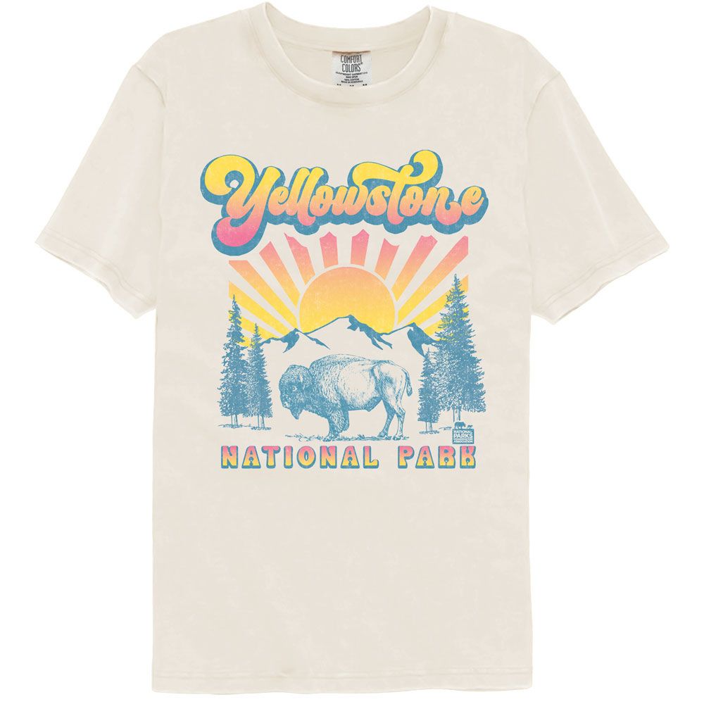 NATIONAL PARKS Eye-Catching COMFORT COLOR T-Shirt, BUFFALO WITH GRADIENT SUN