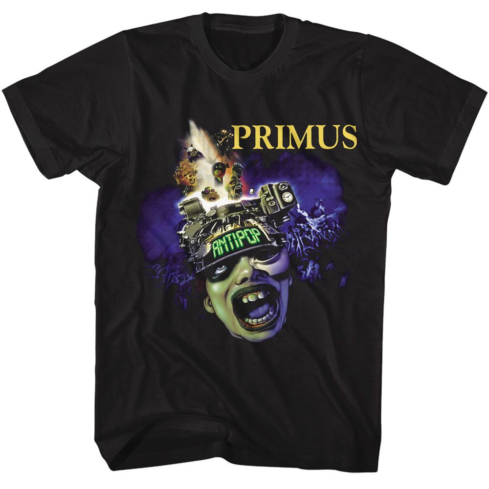 Black t-shirt with Primus graphic design featuring a face and text on a white background
