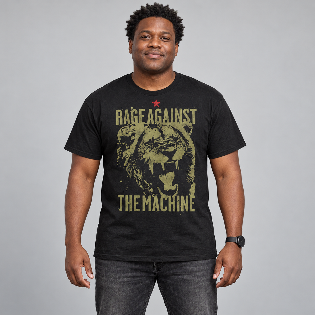 Man wearing the black Rage Against The Machine Pride lion T-shirt in a full-length unisex fit, studio photo.