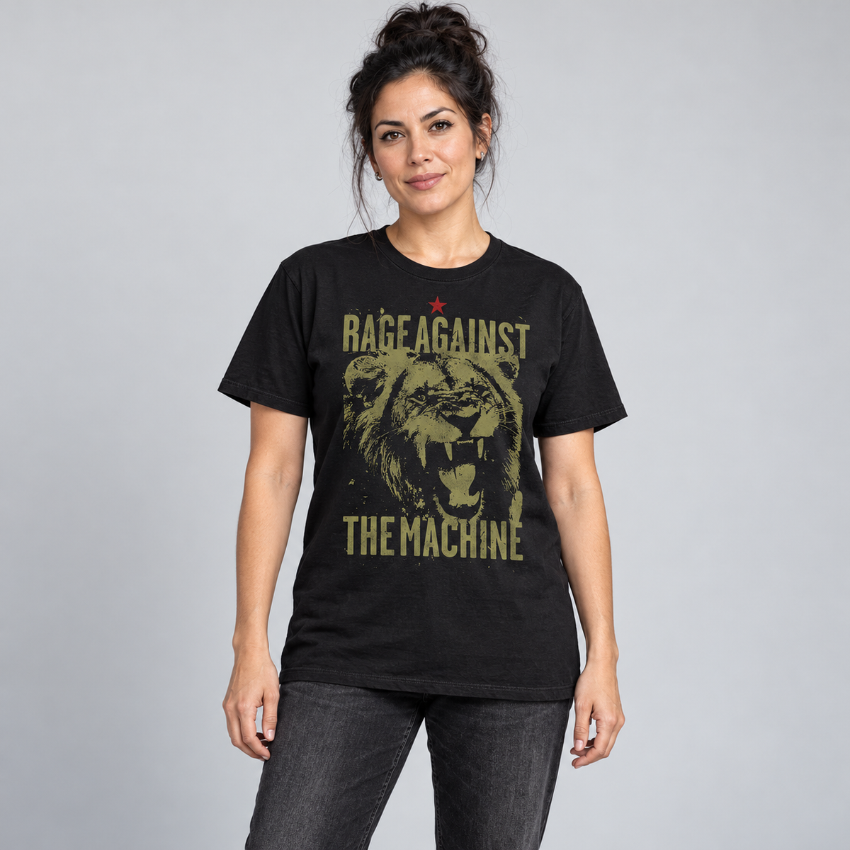 Woman wearing the black Rage Against The Machine Pride lion T-shirt in a full-length unisex fit, studio photo.