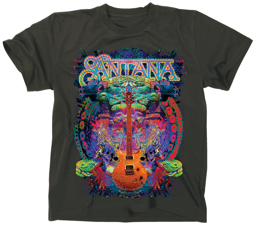 Black t-shirt with a colorful graphic of a guitar and &