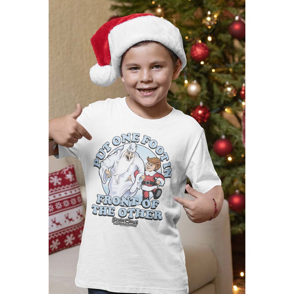 SANTA CLAUS IS COMING TO TOWN Festive T-Shirt, One Foot in Front