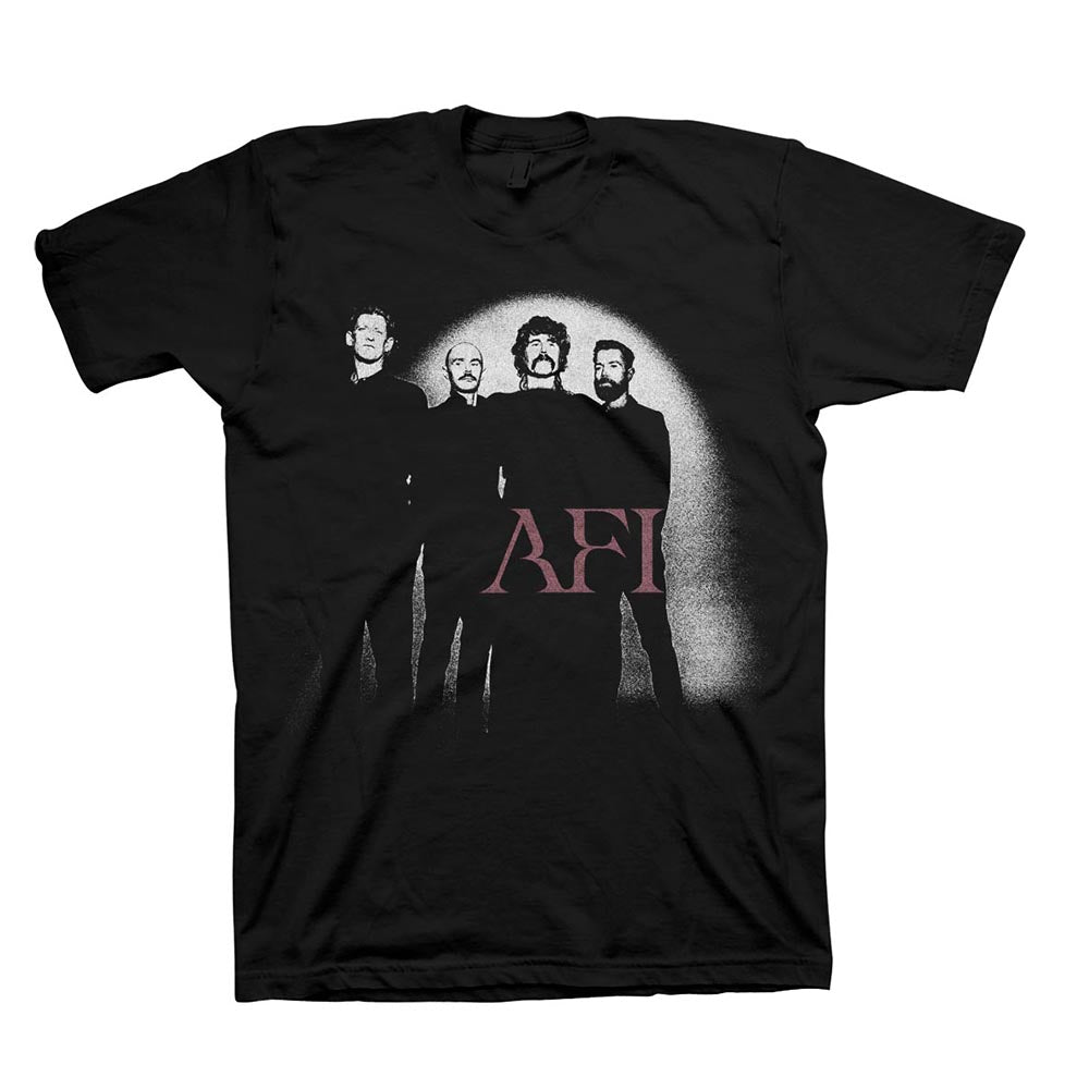 Black t-shirt with a graphic of four band members and &