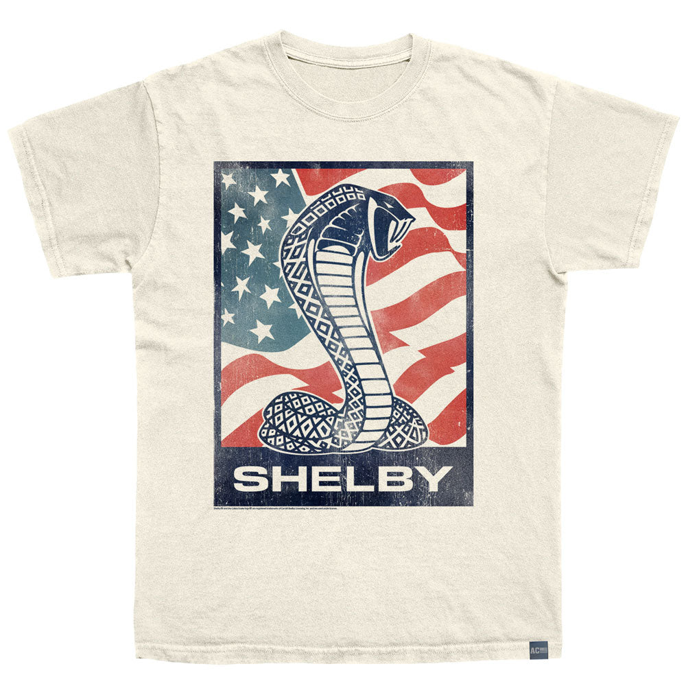 Beige t-shirt with Shelby logo featuring a snake on an American flag background