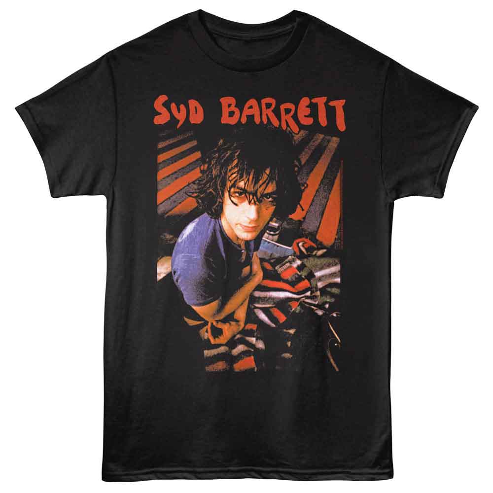 Black t-shirt with a graphic of Syd Barrett holding a guitar on a white background