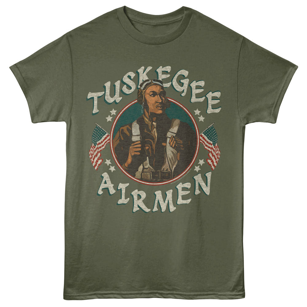 Green t-shirt with Tuskegee Airmen graphic on a white background