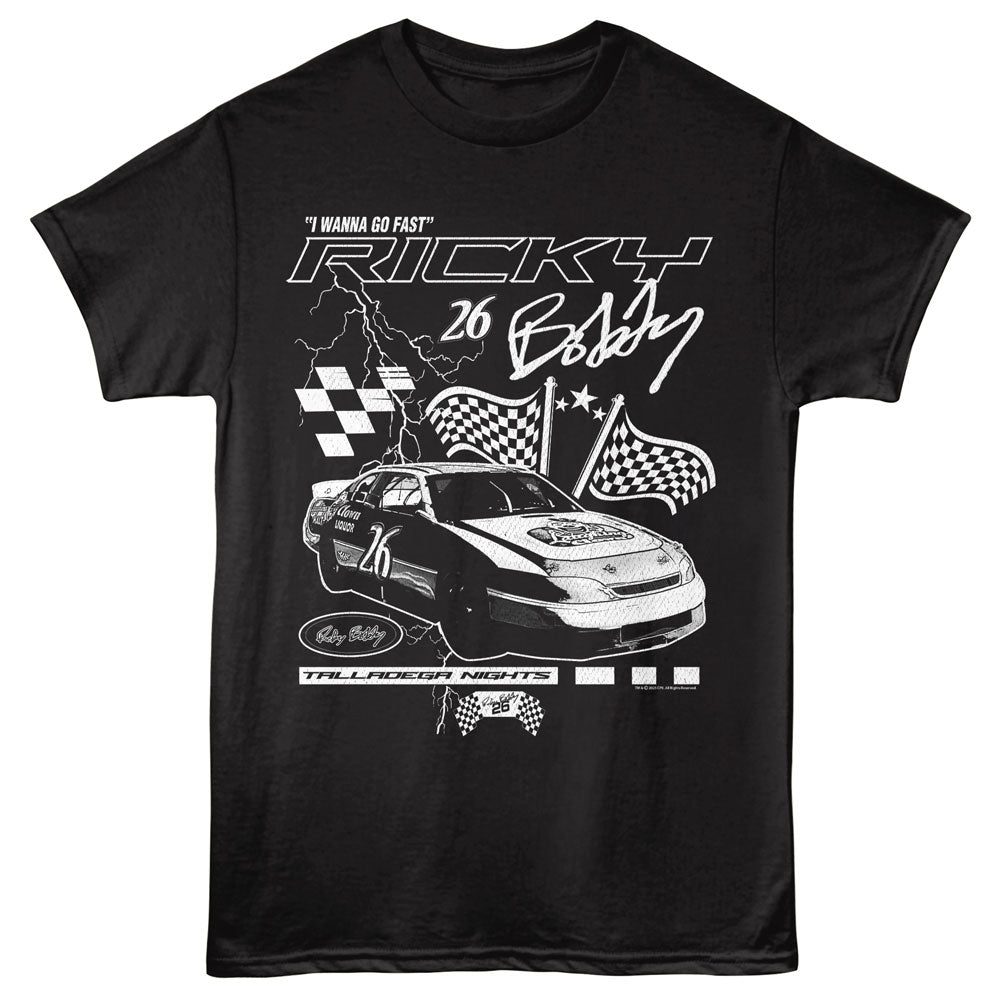 TALLADEGA NIGHTS Eye-Catching T-Shirt, LIGHTNING AND FLAGS