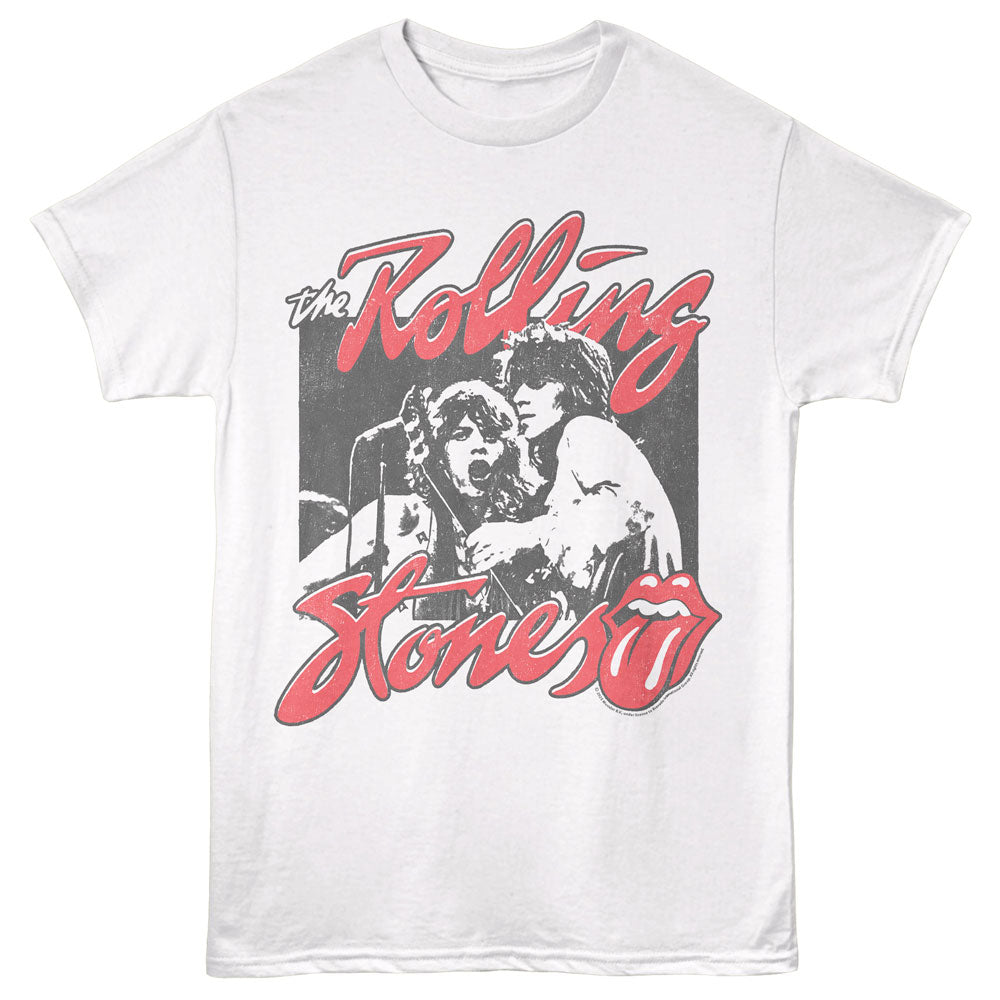 White t-shirt with Rolling Stones graphic design on a white background