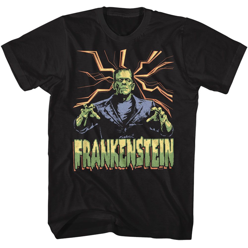 UNIVERSAL MONSTERS Eye-Catching T-Shirt, FRANKENSTEIN LIGHTNING BG