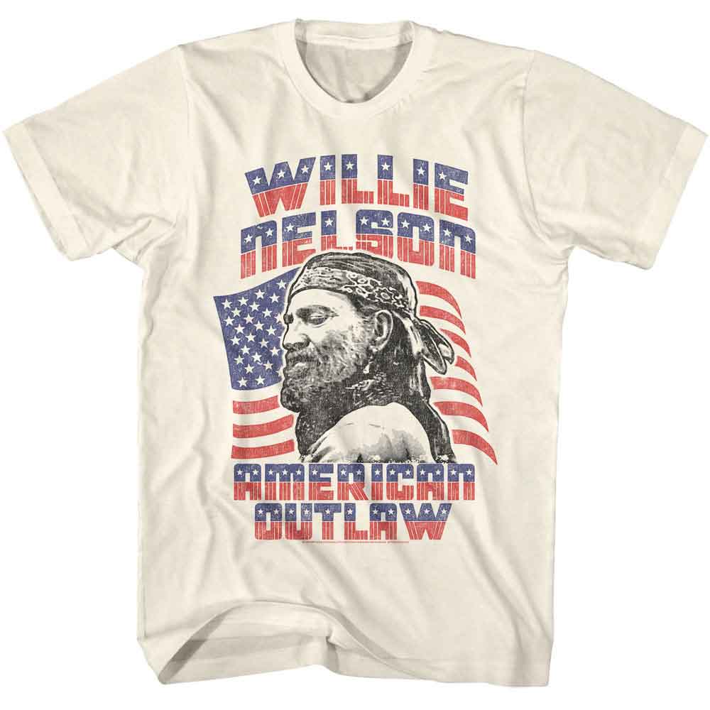White t-shirt featuring text and imagery related to Willie Nelson with an American flag motif.
