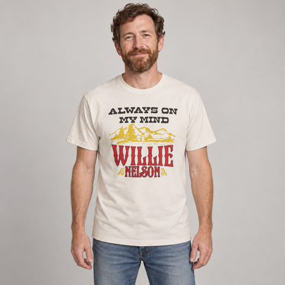 Man wearing the natural Willie Nelson Always On My Mind unisex T-shirt in a studio.