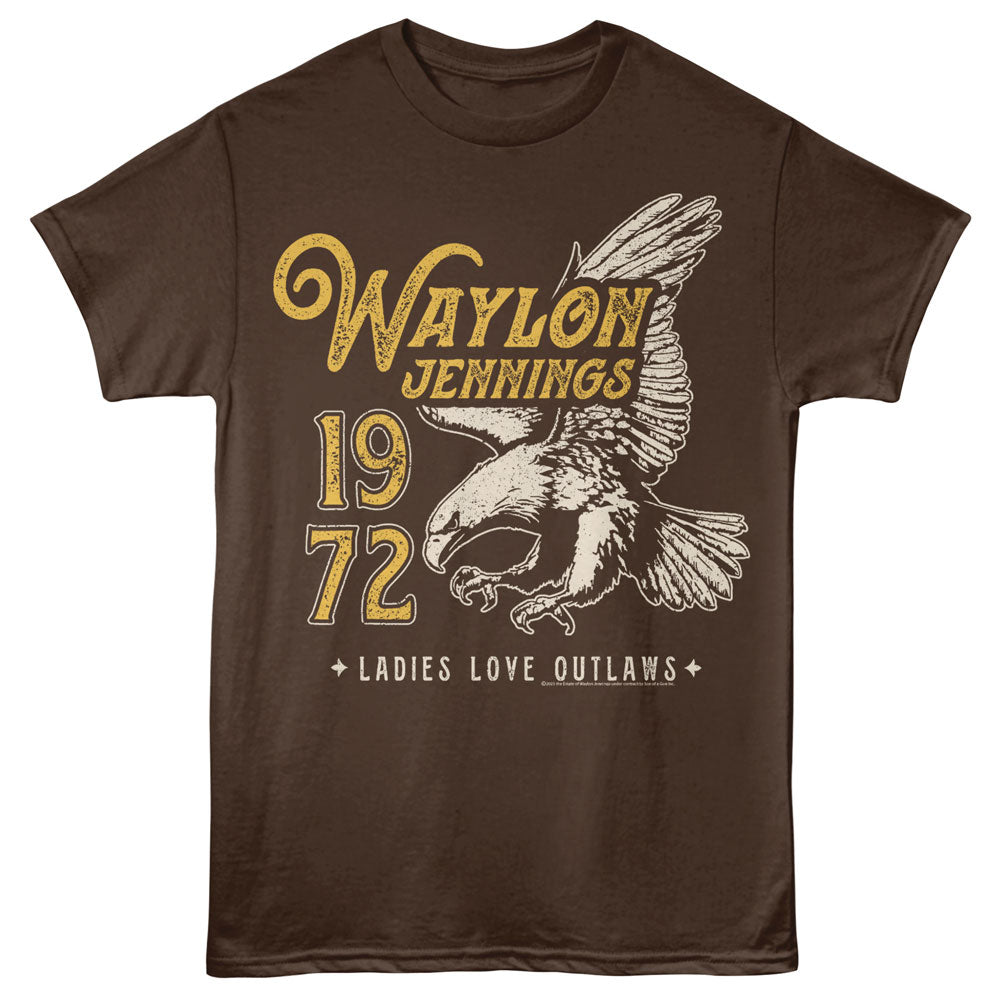 Brown t-shirt with Waylon Jennings graphic and text
