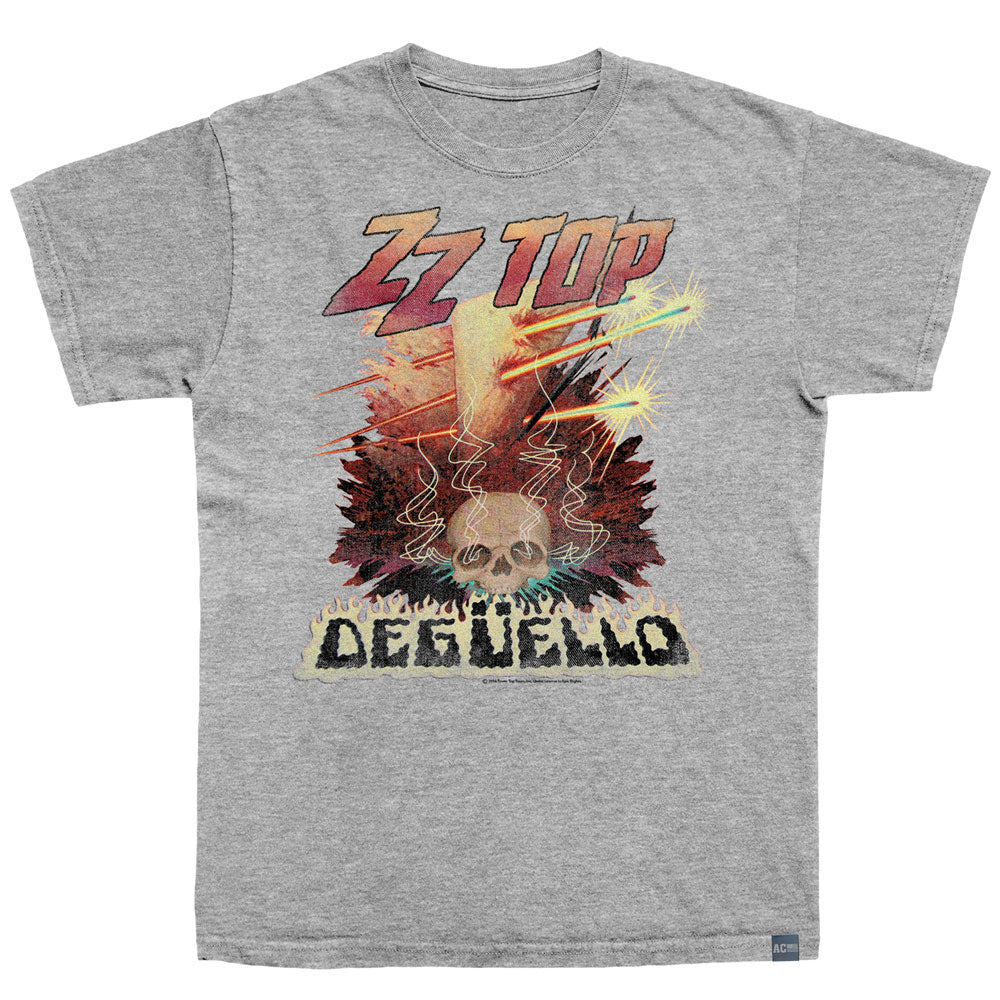 Gray t-shirt with ZZ Top graphic design featuring a skull and guitar on a white background