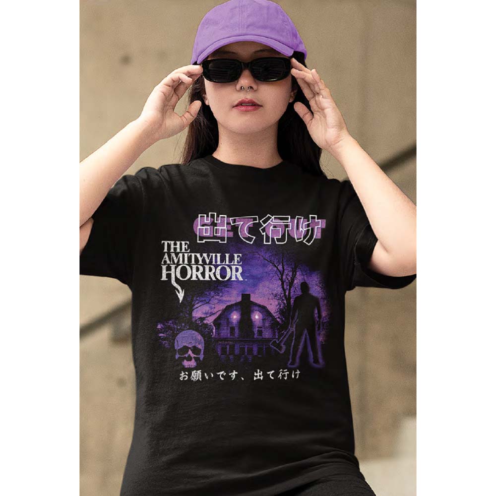 AMITYVILLE HORROR Eye-Catching T-Shirt, HORROR GET OUT IN JAPANESE