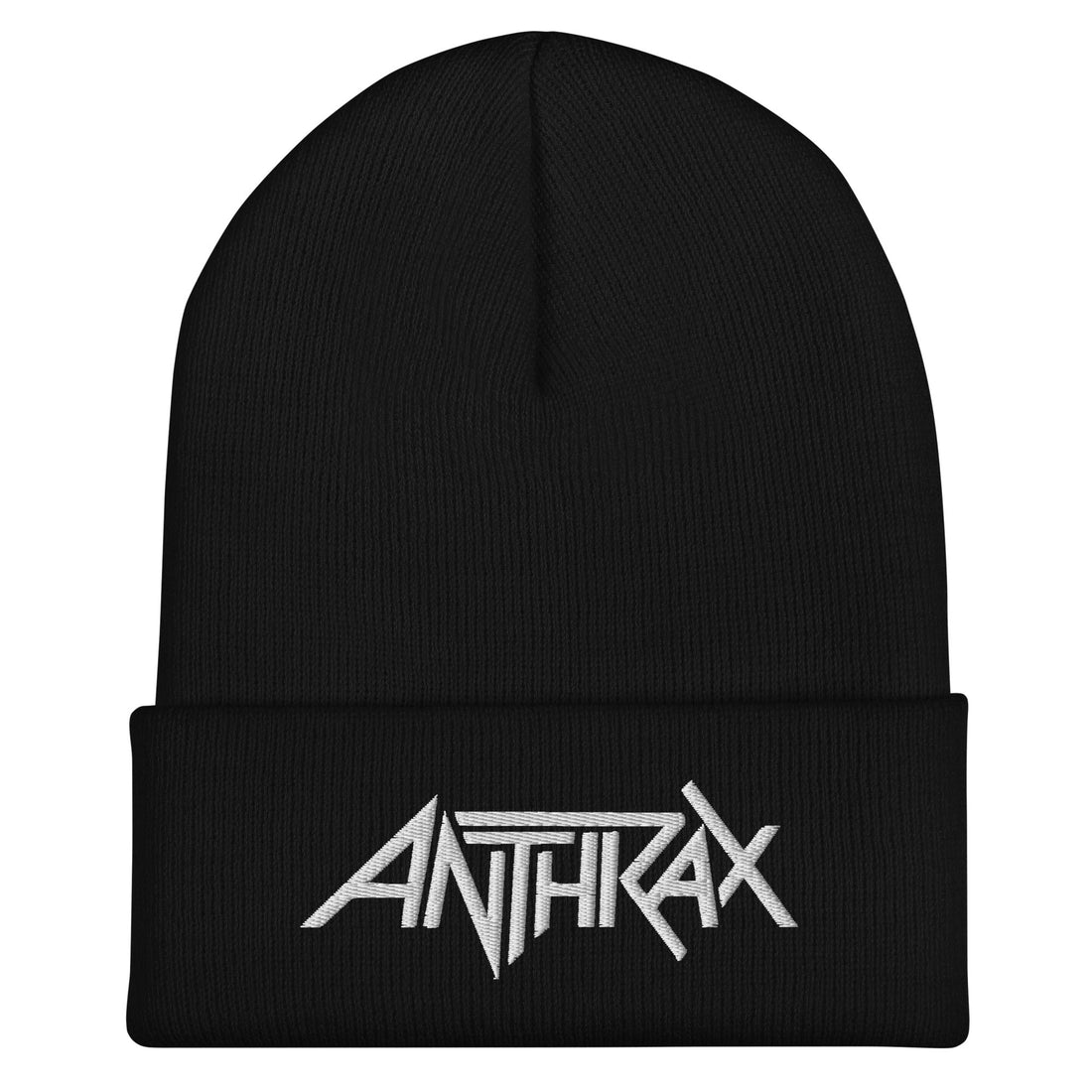 A black cuffed beanie hat with the &