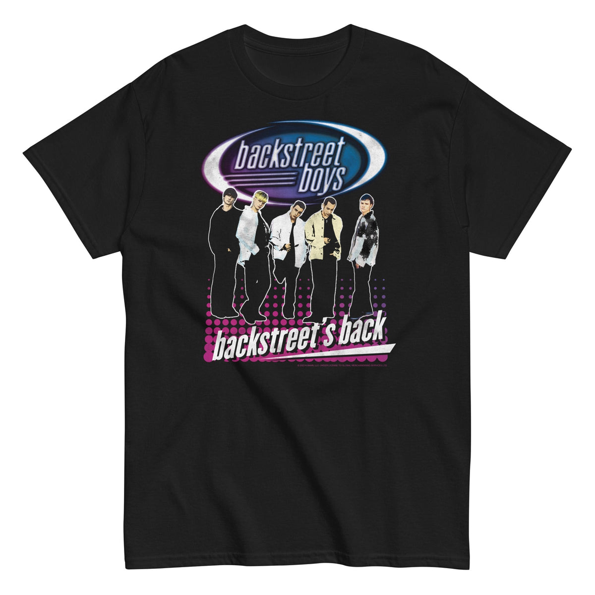 A black crew neck t-shirt featuring a graphic print of the Backstreet Boys band members with the text &