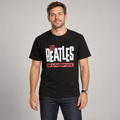 Man wearing the black Beatles In Liverpool T-shirt with white lettering and red panels in a studio.