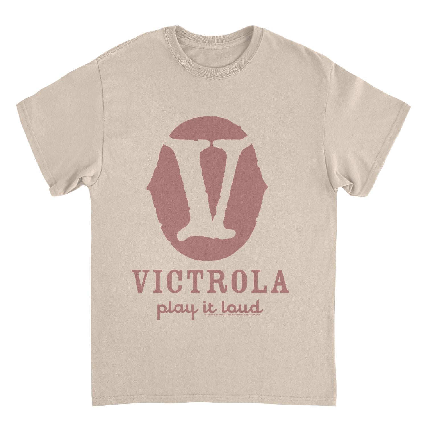 Victrola V Play it Loud Retro Record Company Sand T-Shirt