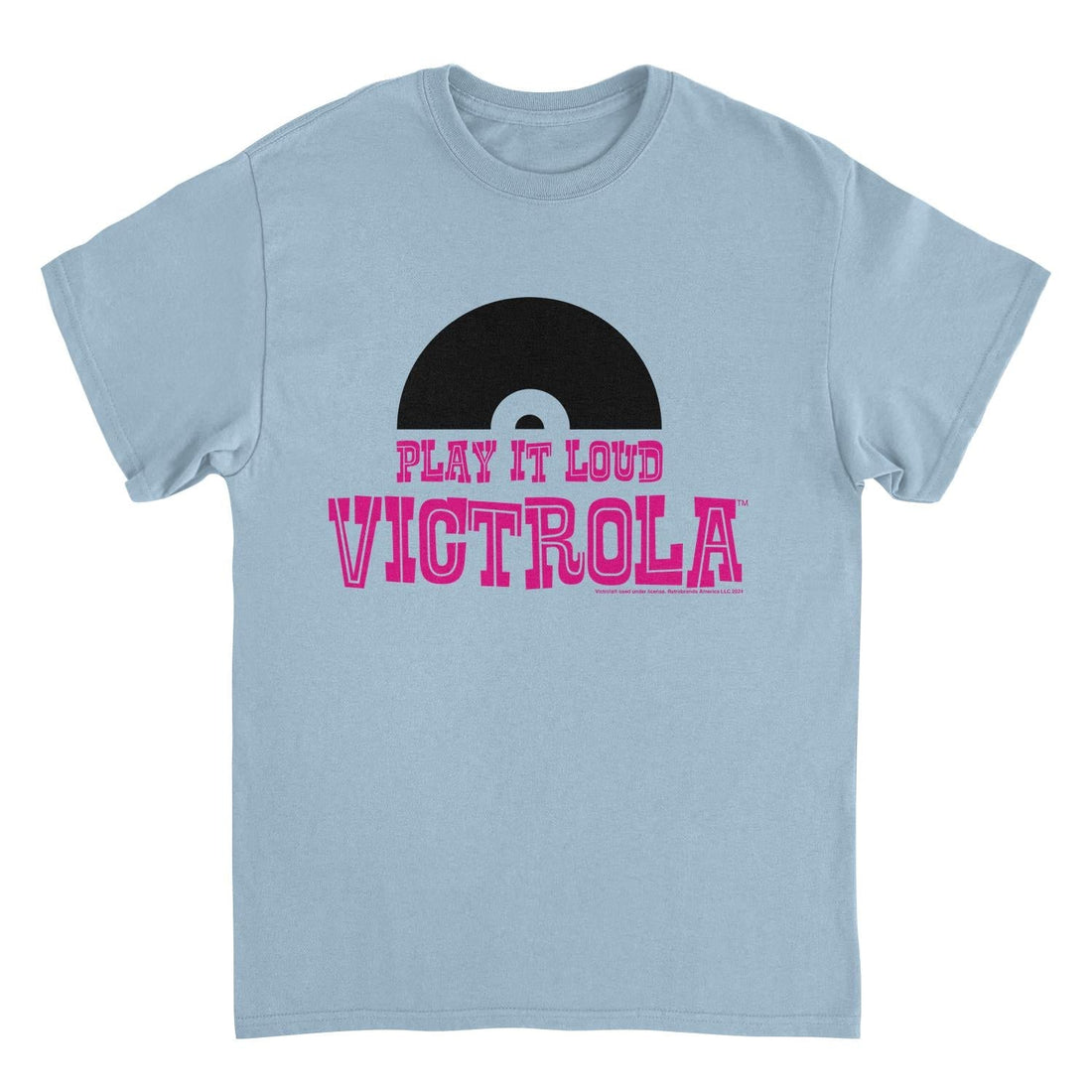 Victrola Half Vinyl Play it Loud Retro Record Company Light Blue T-Shirt