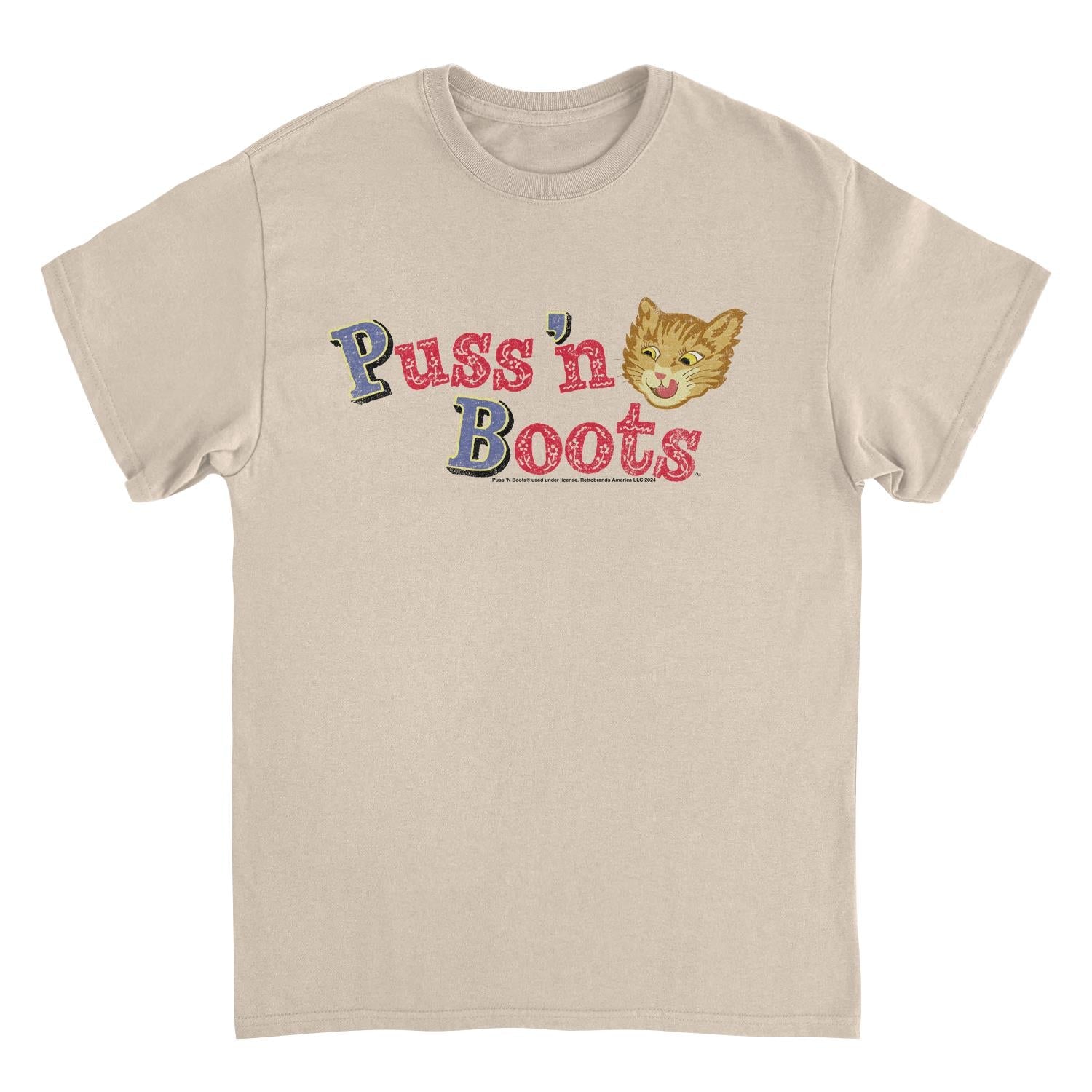 Puss n Boots Distressed Retro Branding Cat Food Sand T-Shirt