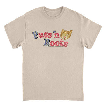 Puss n Boots Distressed Retro Branding Cat Food Sand T-Shirt