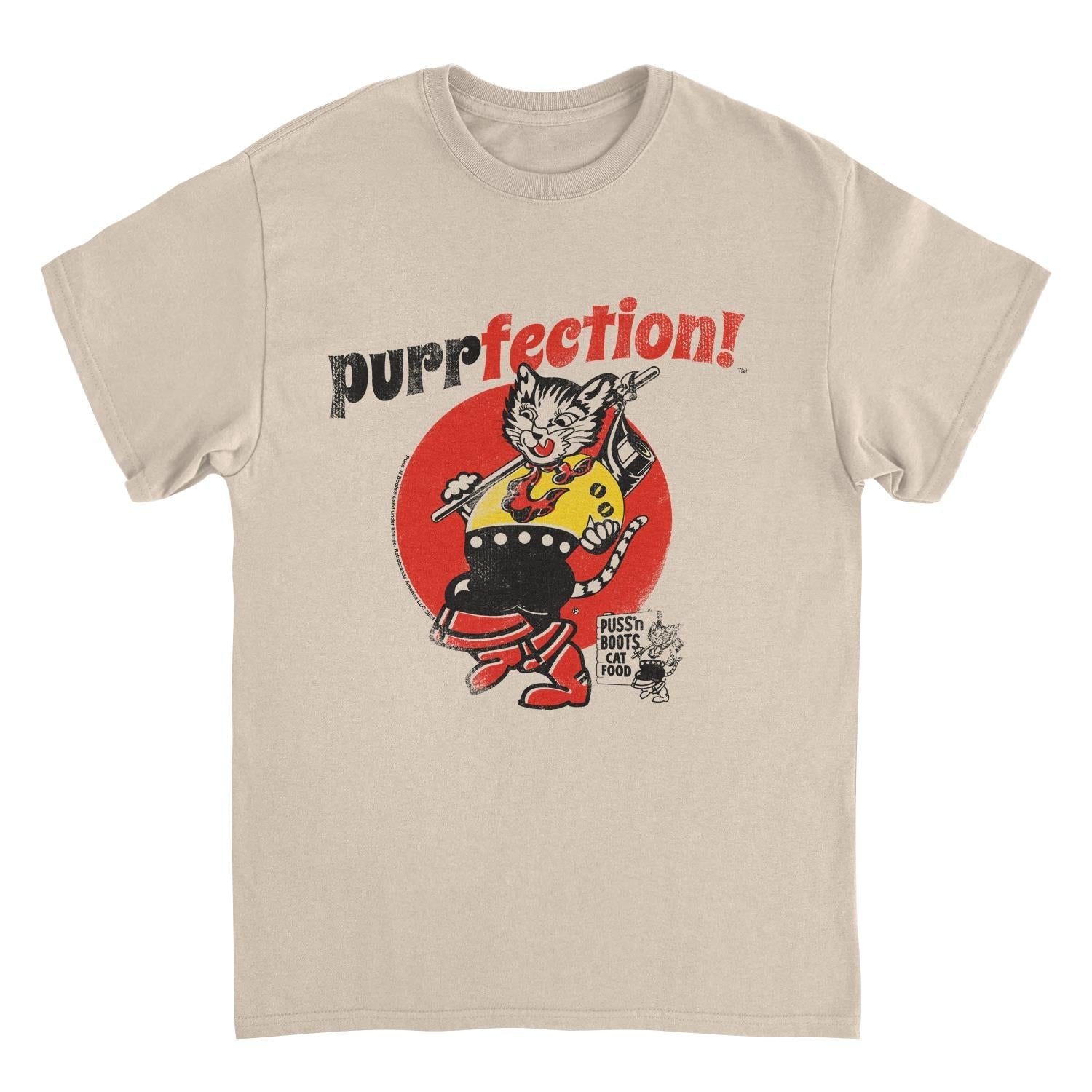 Puss n Boots Retro Cat Food Purrfection Sand T-Shirt