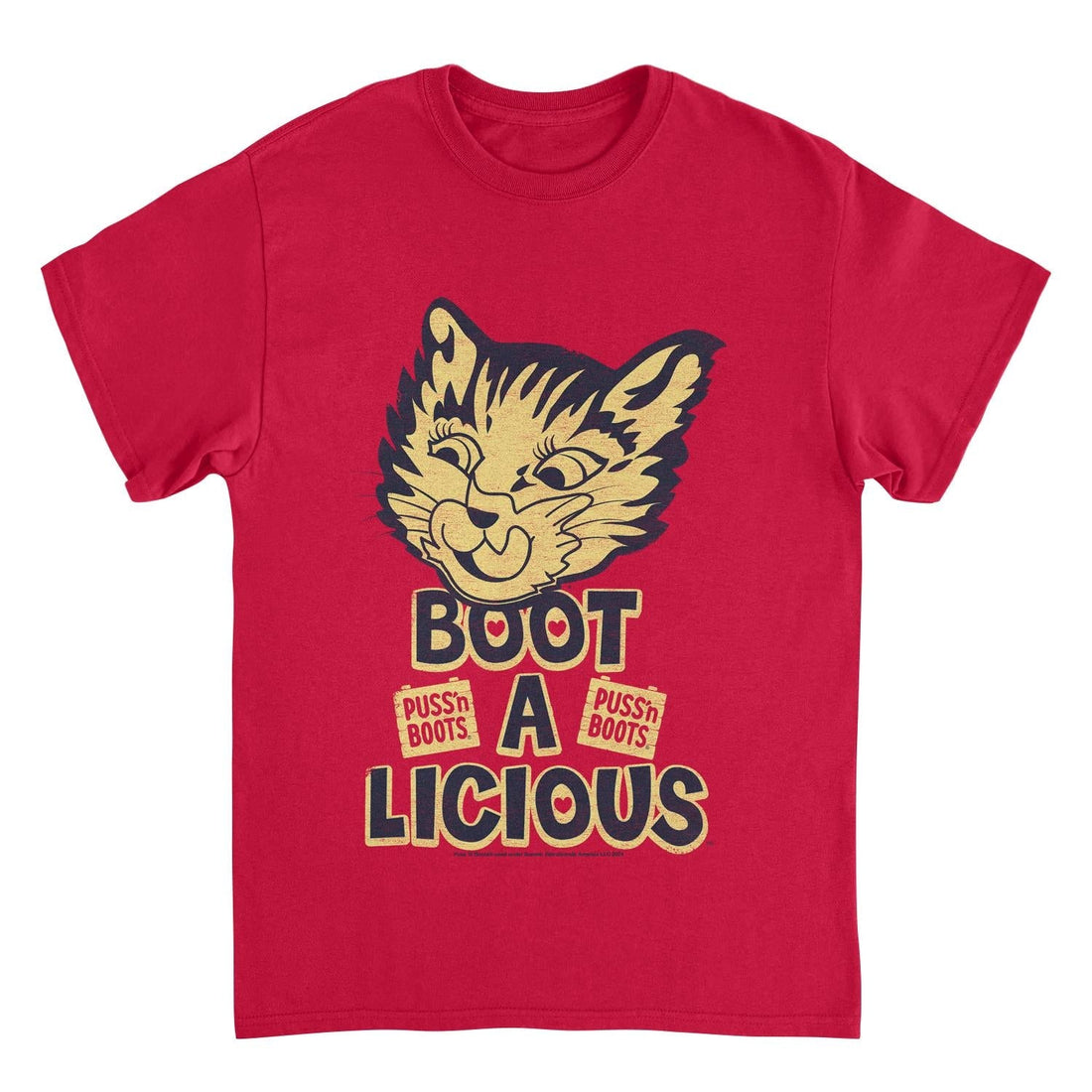 Puss n Boots Boot a Licious Retro Cat Food Red T-Shirt