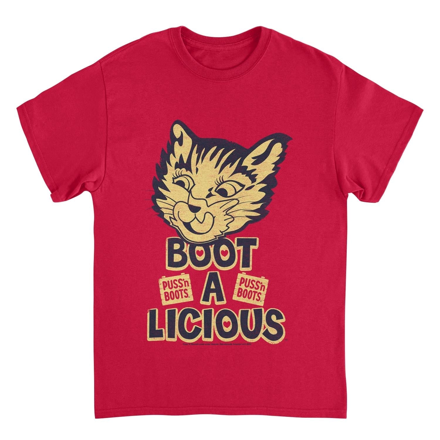 Puss n Boots Boot a Licious Retro Cat Food Red T-Shirt