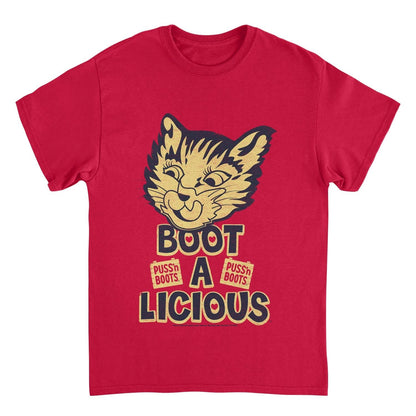 Puss n Boots Boot a Licious Retro Cat Food Red T-Shirt