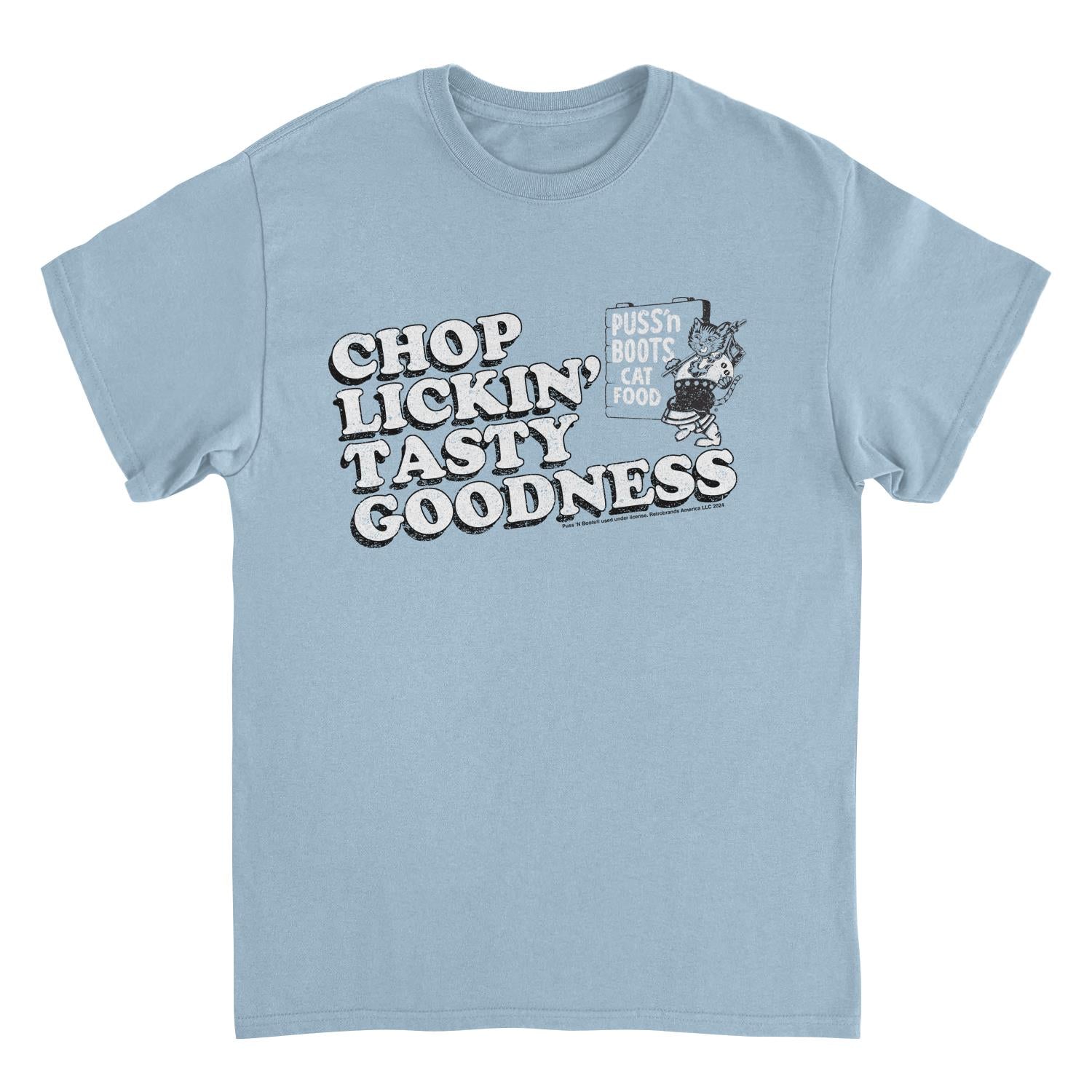 Puss n Boots Retro Cat Food Chop Lickin Light Blue T-Shirt