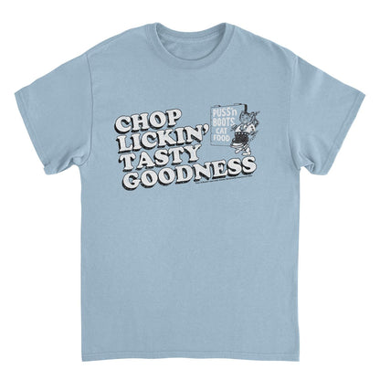 Puss n Boots Retro Cat Food Chop Lickin Light Blue T-Shirt