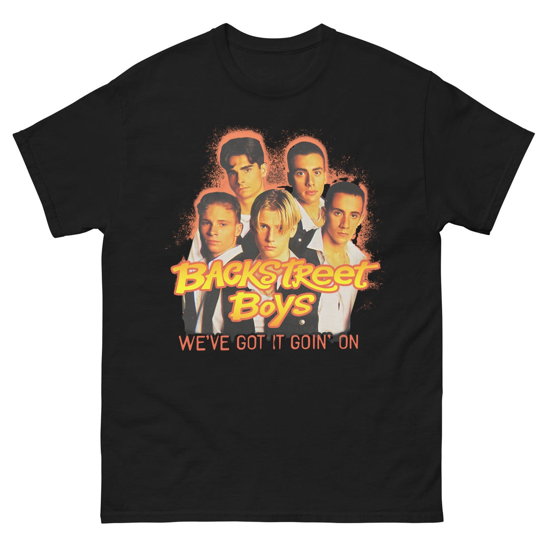 Black t-shirt with Backstreet Boys graphic and text on a white background