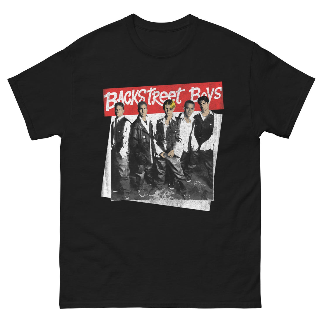 Black t-shirt with a graphic of Backstreet Boys on a white background